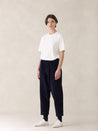 oftt - 08 - Pleated Corduroy Trousers white t-shirt- navy- organic cotton