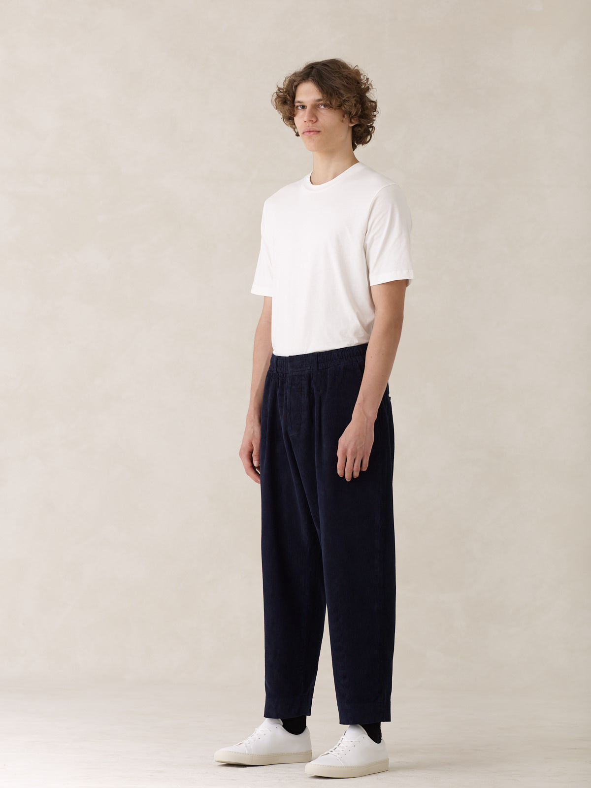 oftt - 01 - perfect fit t-shirt - white - navy corduroy trousers - organic cotton